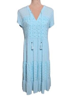 Light Blue Tiered Midi Dress with Tassel Ties